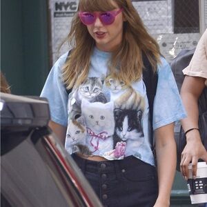 Taylor Swift Inspired Raw Hemmed, Cropped Tie Dye Blue Graphic T-Shirt with Cats